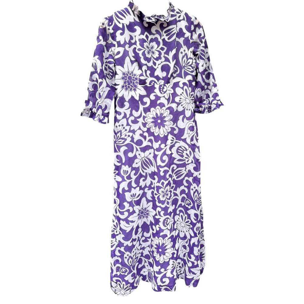 Vintage Kahili Hawaii Floral Maxi Dress 60s Ruffle Collar MuuMuu Cottagecore S